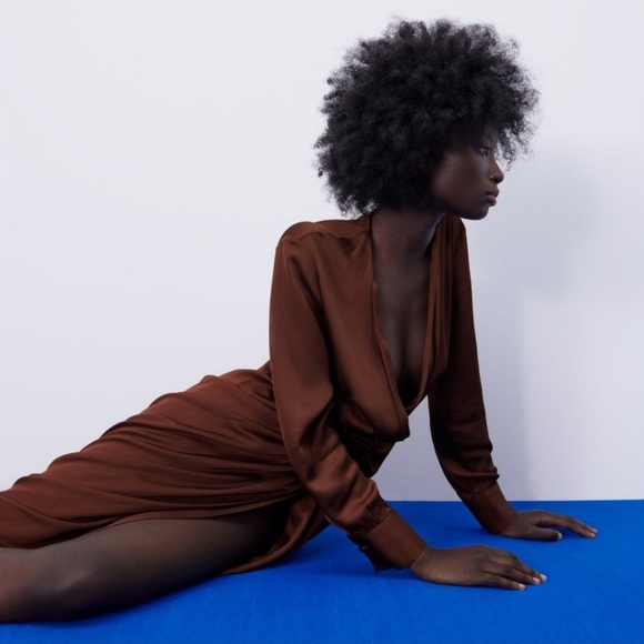 Zara NWT LIMITED EDITION midi shirt dress in satin chocolate - Picture 2 of 11